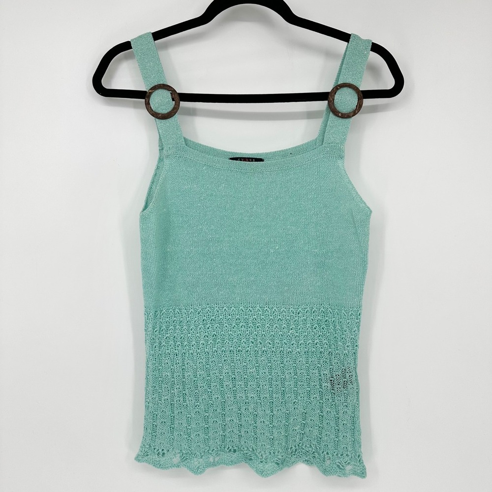Y2K Cyrus Linen Blend Aqua Sleeveless Knit Crochet Top Coastal Colorful Summer M